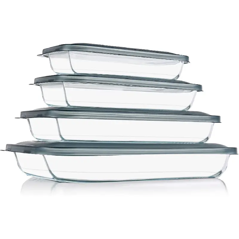 8 Pieces Glass Baking Dish with Lids Rectangular Glass Baking Pan Bakeware Set with Lids, Baking Pans for Lasagna, Leftovers, Cooking, Kitchen, Fridge-to-Oven, Gray