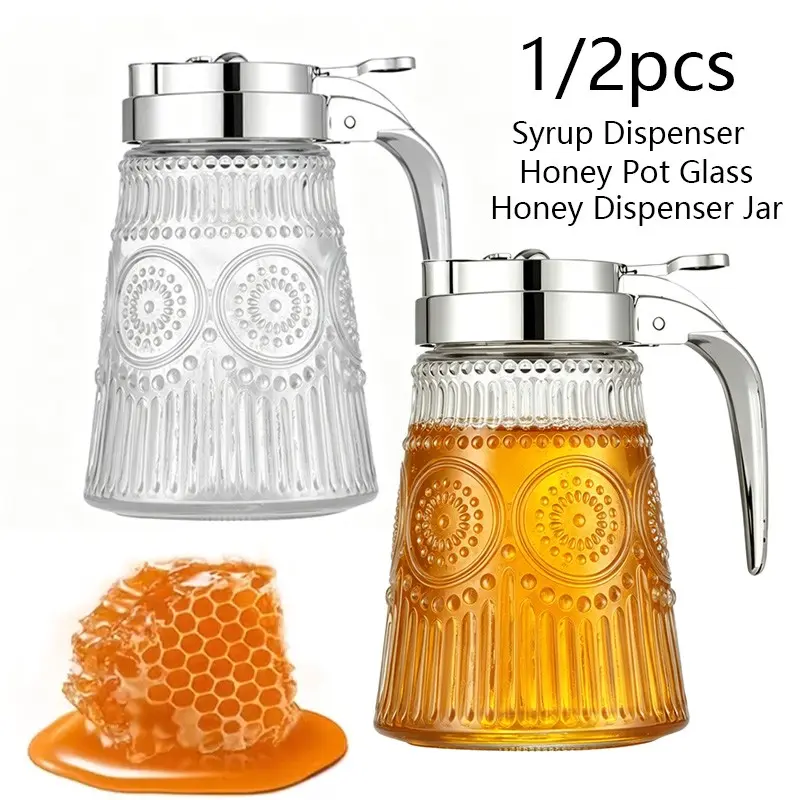 1/2pcs Glass Syrup Dispenser Bottle Dispensing Bottle for Maple Syrup, Honey Pot or Sugar Jar W/Handle Shaker For Pancakes, Coffee, Cereal Bowl, Tea, Reusable Glass Bottles Storage Bottles