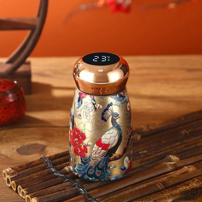 Peacock Printed 304 Stainless Steel Vacuum Insulated Cup, 300ml Retro Chinese Style Thickened Water Bottle, Heat & Cold Retention Shock Resistant Household Daily Drinking Mug