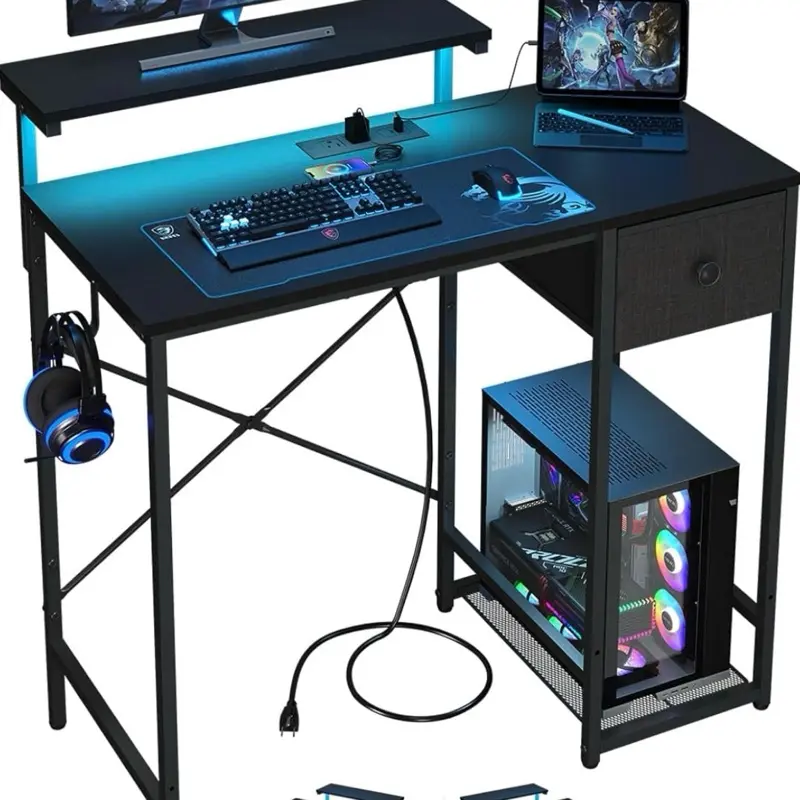 X-cosrack 33.5" Compact Black Gaming Desk with LED Lights, Power Outlets, Monitor Stand, CPU Stand, Storage Drawer, Side Hooks for Home Office, Bedroom
