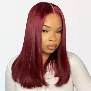 Arabella Designer Style 6x5 Glueless Frontal Lace Long Bob Wig 99J# Burgundy Red Blunt Cut Super Silky Straight Grab to Go Human Hair Lace Closure Wig