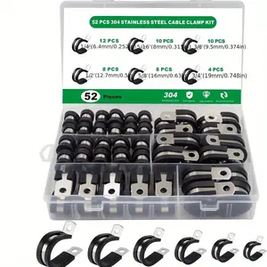 Durable Metal Cable Clamp Set, 52pcs/set 6 Sizes 30 Degree Elbow Round Flexible Hose Fitting, Stainless Steel with Rubber Pad Tube Clamps for Secure Grip