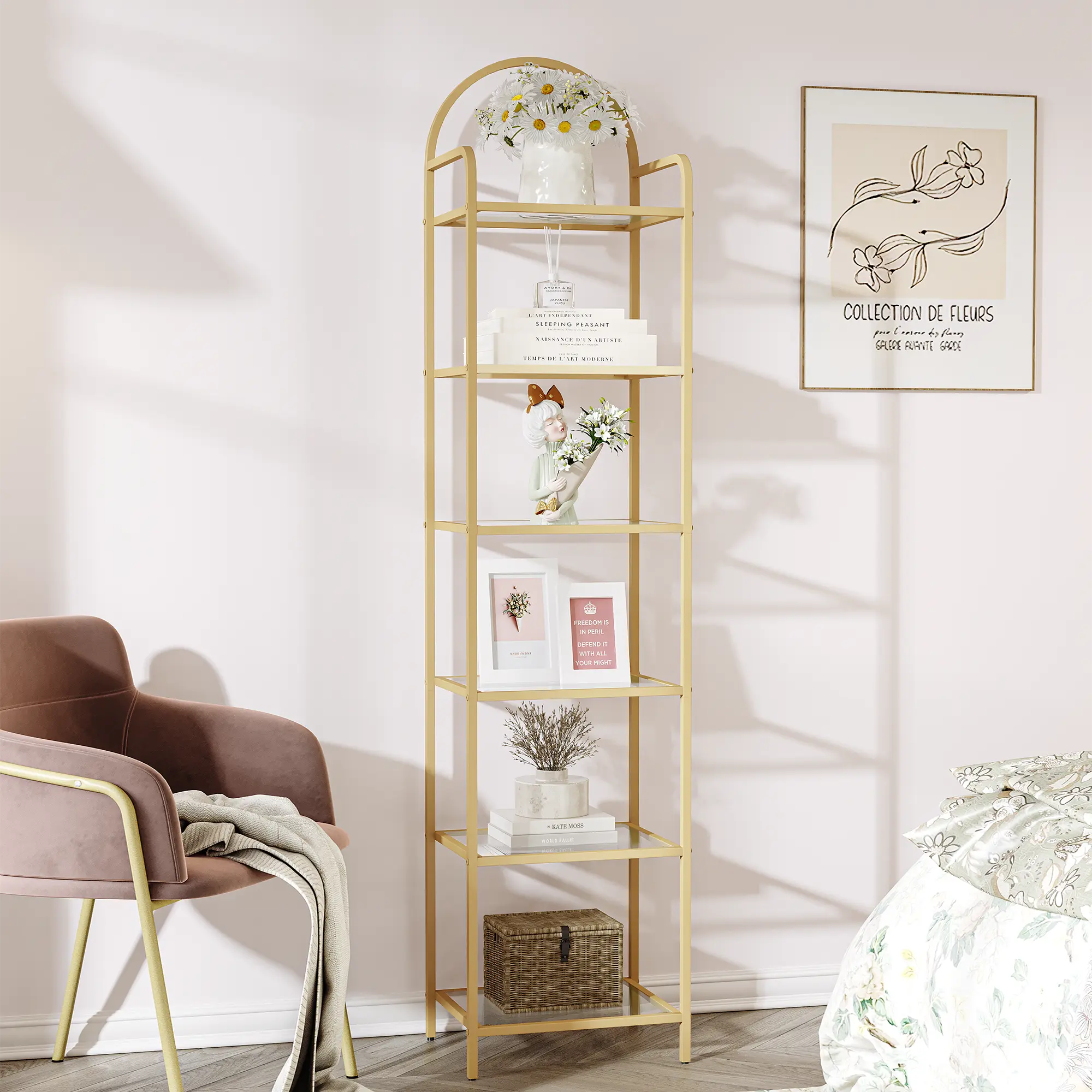 Hzuaneri Modern Bookshelf Book Rack, Tempered Glass Slim Shelving Unit, Steel Frame 5/6-Tier Indoor Furniture for Bedroom, Home Office, Book Storage Organizer