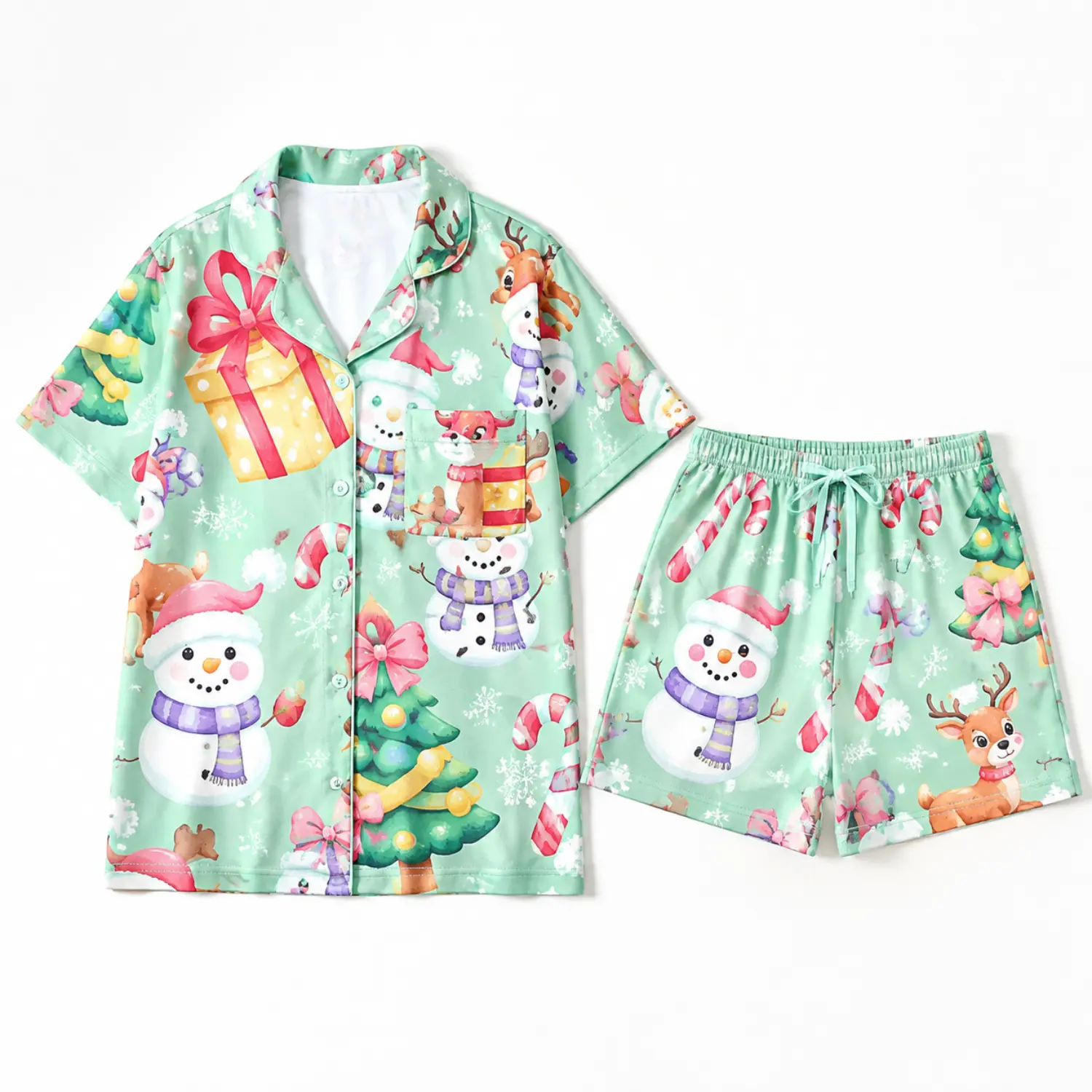 Christmas Print Short Sleeve Button Front Pajama Set with Elastic Waist Shorts for Women, Festive Holiday Sleepwear