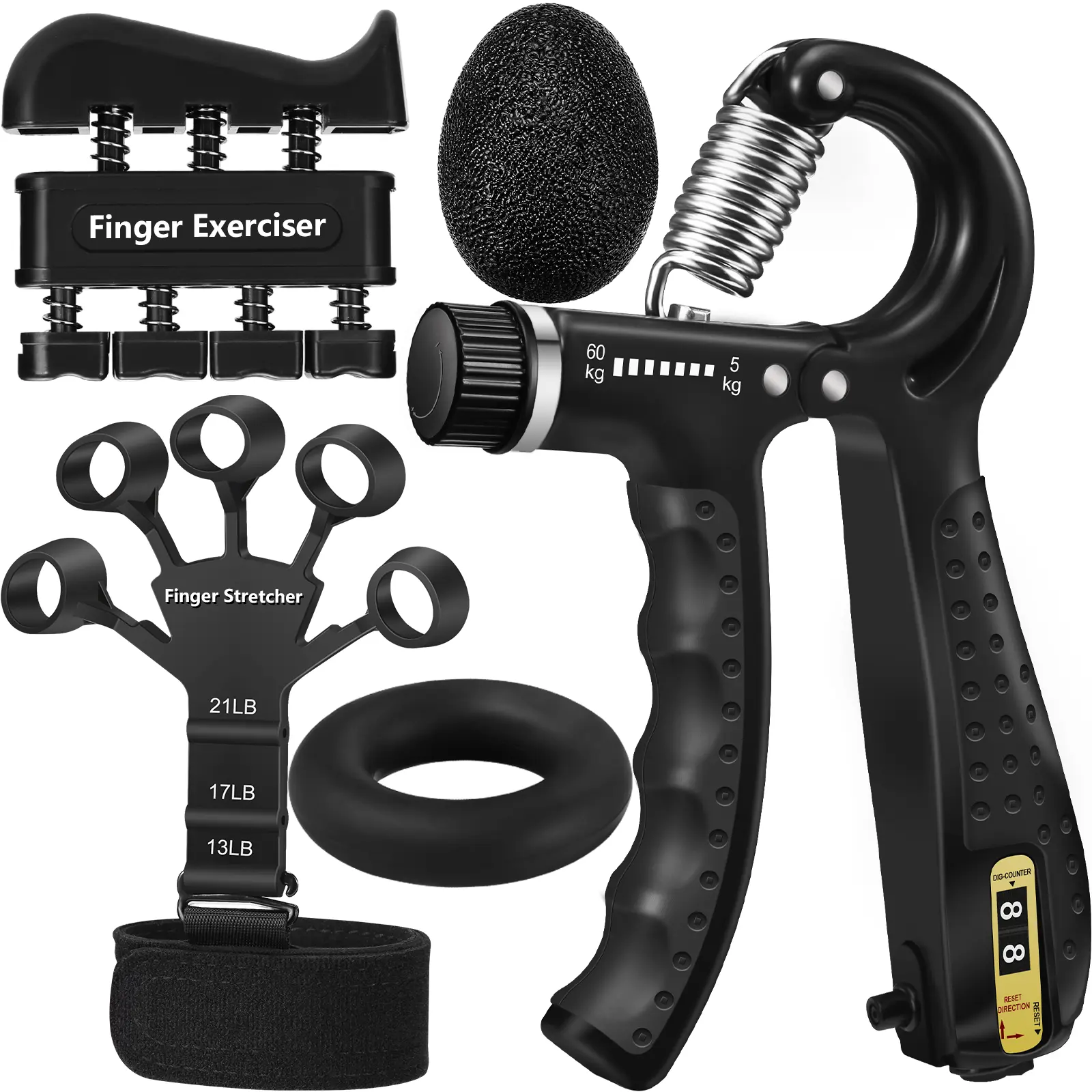 Grip Strength Trainer Kit 5 - Adjustable Hand Grip Strengthener (11-132 lbs) and Finger Stretcher, Finger Exerciser, Forearm Workout Ring, Stress Ball, Gifts for Muscle Building & Injury Recovery  Athletes & Musicians forearm strengthener veins, Grip Stre