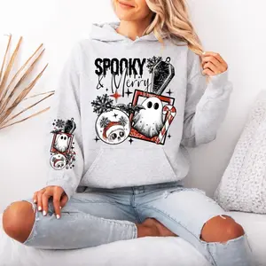 Spooky and Merry Gildan hooded Sweatshirt Sleeve design unisex sizing womenswear comfortable soft Casual Pullover Tops Fabric Pocket Mint Green Green Sweatshirt, Hoodie, Comfort Colors