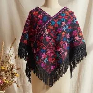 Handmade Poncho - Unique Hand Embroidered Design with Pedal Loom Weaving, Casual Coat Accessory - Jackets, Coats