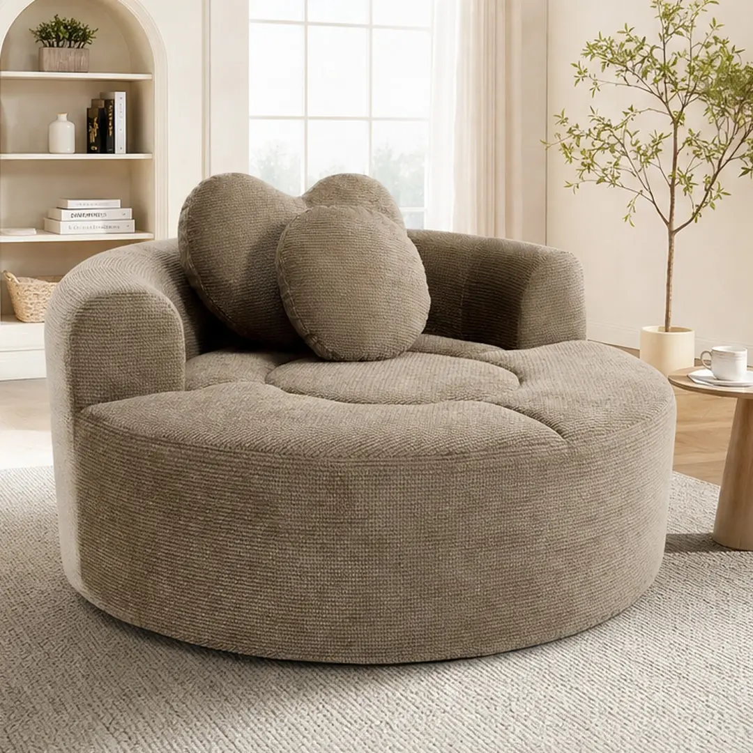 Round Sofa Bed with Memory Foam Sectional Couch for Living Room, Cloud Couch with 3 Pillows, Multiple Color Options, Waffle Fabric, No Assembly Required, 55.2x55.2x25 in, Brown/Beige/Blue/Green/Black+Gray, Beige/Black+ Gray/Blue/Brown Color