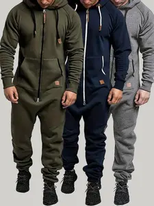 1-piece set - Men's hooded wool lined jumpsuit, long sleeved full zip jumpsuit with kangaroo bag