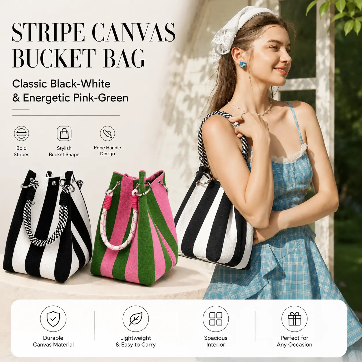 Mini Knit Tote Women Striped Crochet Bucket Handbag Small Purse Shoulder Bag Vacation Lightweight Beach Bag Travel Weekend