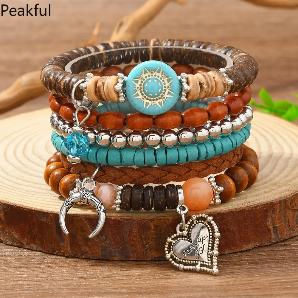 Retro Heart-Themed Casual Style | 6-Piece Handmade Bracelet Set | Unisex Leather Bracelets | Men's Bracelets