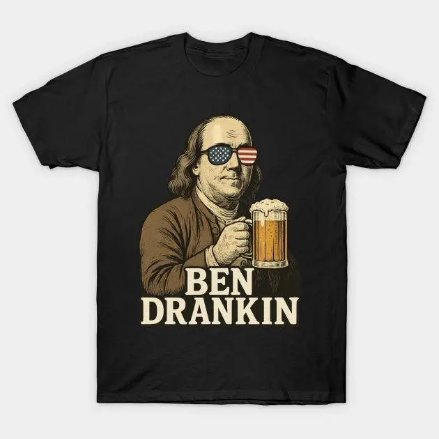 Men's Ben Drankin Patriotic Beer Graphic T-Shirt - Funny 4th of July Benjamin Franklin Short-Sleeve, Casual Round Neck Streetwear Top (Men's 4th of July Shirt), Funny 4Th Of July Shirts