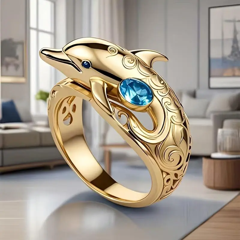 Copper Micro-pave Dolphin Style Ring, Nature-Themed Costume Jewelry Ring for Fashion Accessory Enthusiasts, Nature-Themed Rings