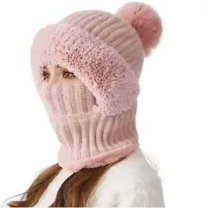 ‌Windproof Cap 3-in-1 Winter Balaclava Women's Knitted Hat Windproof Scarf Hat Warm Fleece Outdoor Coldproof Headwear for Autumn Winter‌ Knitwear Protection Hatwear