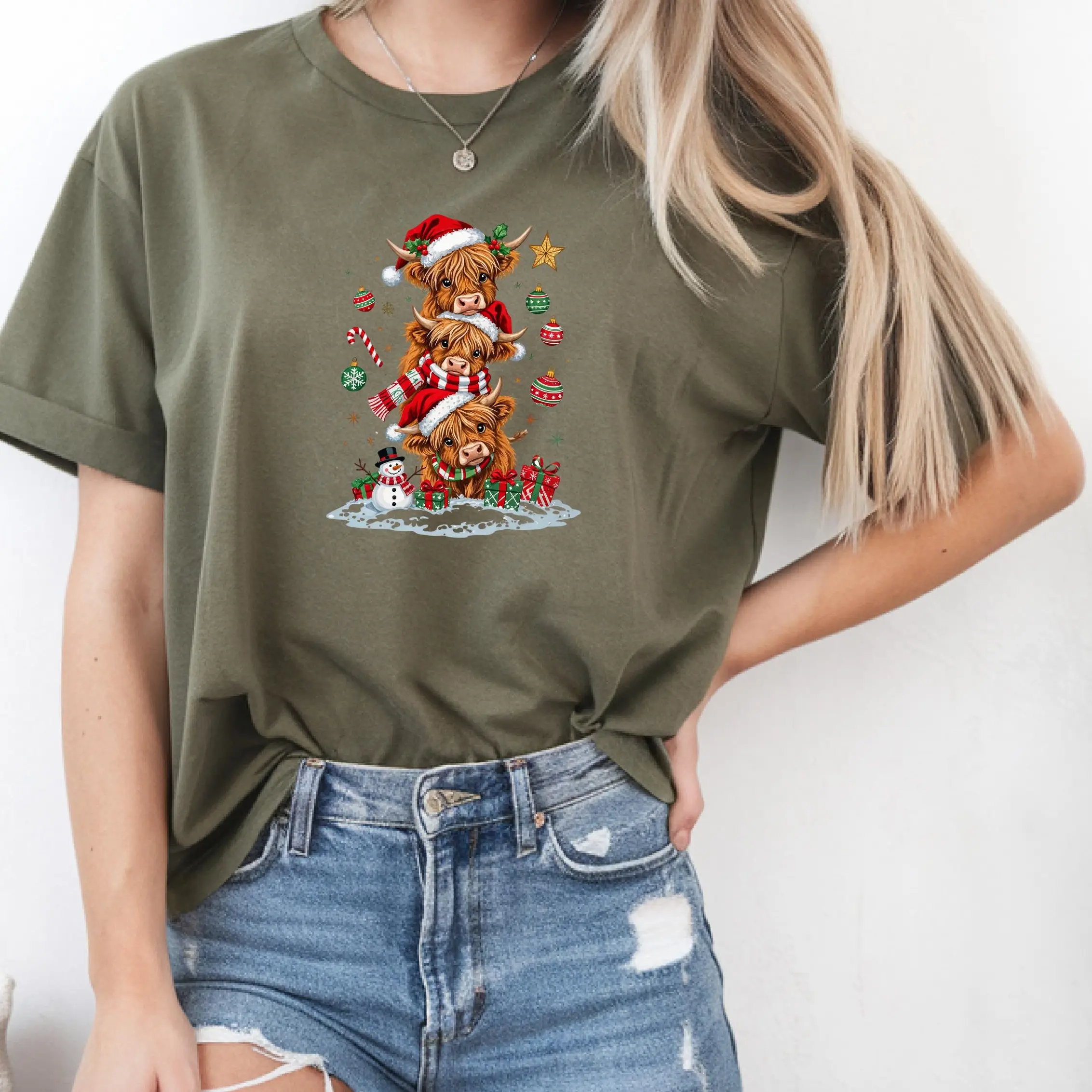 Women's Animal Print Cow Pattern Christmas Snowman Casual Tops - Multi-Size Short-Sleeve Shirt or Sweatshirt, Candy Cotton Design Women's Clothes, Matching
