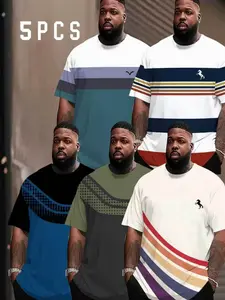 5-Piece Plus Size Men's Fashion Printed T-Shirts, Casual Round Neck, Summer New Arrival, Striped Design, Regular Fit, Daily Wear