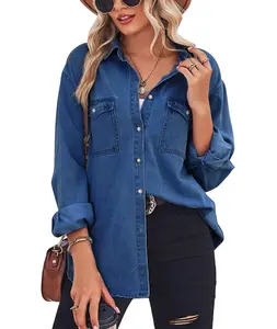Ebossy Women's Spring Long Sleeve Denim Jean Shirts Button Down Shirt Business Casual Tops Blue Womenswear