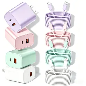 [iPhone 14 colorful Charger Set] 1/2/3/4 Piece Pack 20W + 18W Fast Charger Set wall charger block (Includes long 3m USBC-Lightning Cable) - Compatible for iPhone 14/13/12/11/Pro/Pro Max, Older Colored iPhone Chargers kit