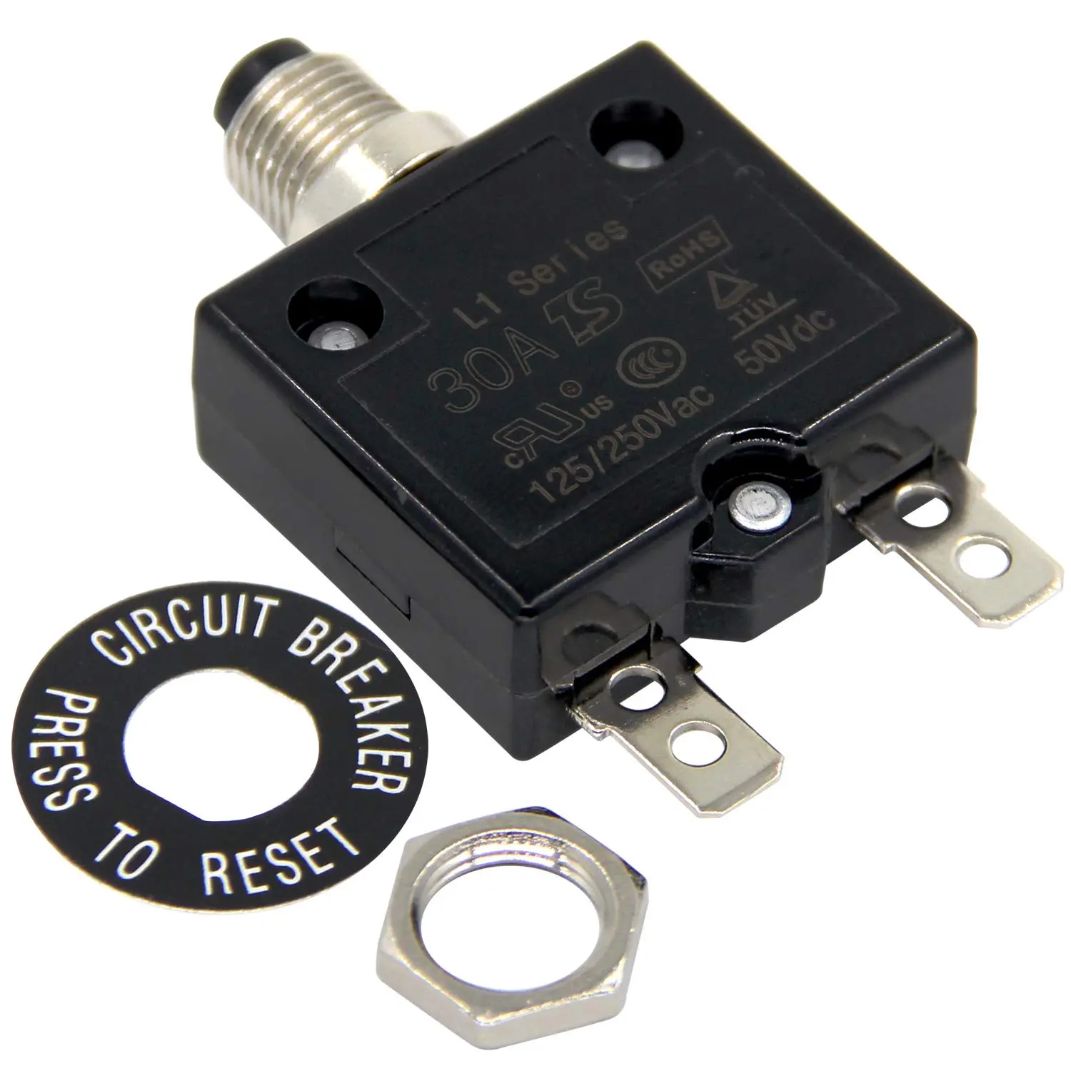 125-250V AC 50V DC Push Button Circuit Breaker 30Amp Thermal Overload Protector L1 Series Manual Reset Thermal Circuit Breaker 30A