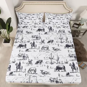Feelyou Western Theme Fitted Sheet Set, White and Black Cowboy Cow Design, Microfiber Bedding with Desert Cactus Print, Lightweight Decorative Bedsheet Sets for Multiple Sizes