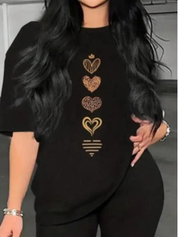Women's Heart Pattern Gym Tops - CVC Cotton Crew Neck, Casual Loose Fit Versatile Active Wear for Daily Streetwear