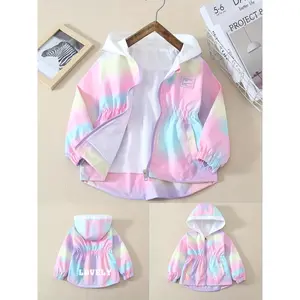Boys' and Big Kids' Spring/Autumn Hooded Jacket, Fashionable, Simple, Cute, and Sweet Long-Sleeve Outerwear for Girls and, Thin Contrast Color Printed Jacket