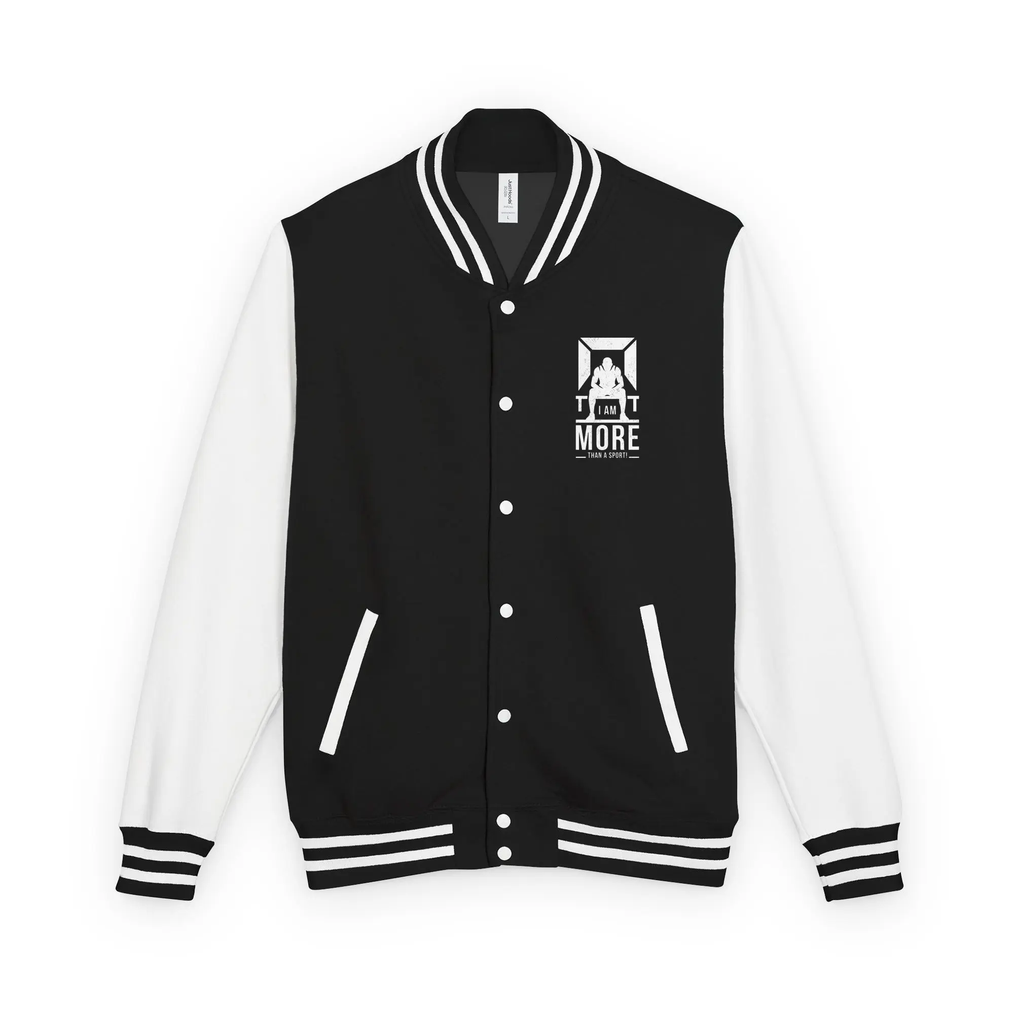 I AM MORE™ Mens Classic Cotton Varsity Letterman Jacket - Black & White, Menswear Coats with Sleeves, Ribbed