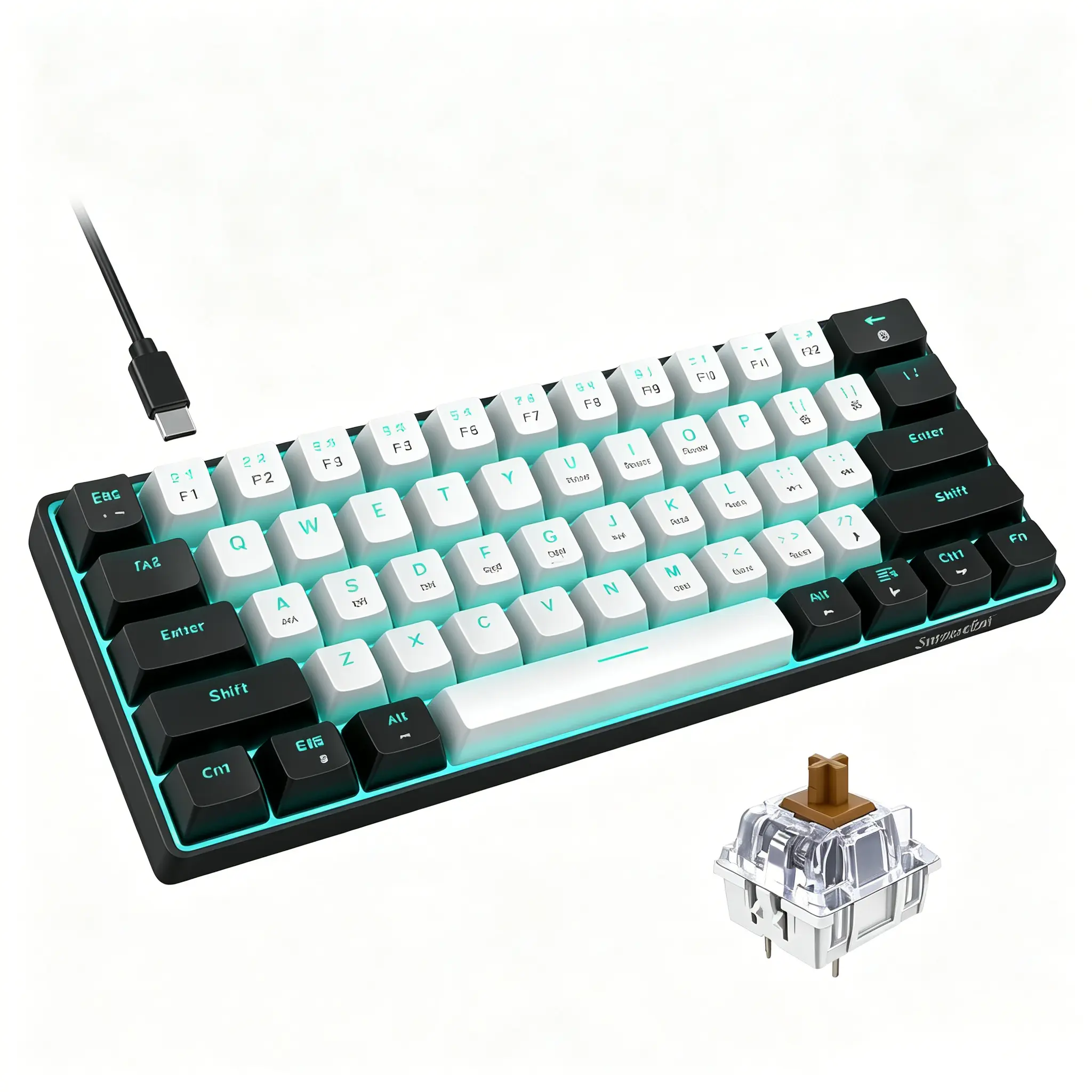 Portable 60% Mini Gaming compact creamy Keyboard, Black-White 61 Keys Wired Mechanical Keyboard, Ice Blue LED Lighting with Brown Switches, Compatible with Windows, Laptop, PC and Mac collection rgb rainbow backlit