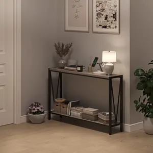 【Christmas Gift】Console Table Two Tier Entryway Table with Storage Forty Three Inch Narrow Sofa Table with V Design Industrial Console Gray