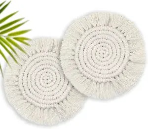 Absorbent Coasters for Wooden Table - Farmhouse Drink Coaster Set for Various Mugs and Cups - Cute Macrame Coasters for Housewarming Gift, 2PCS Round, Beige