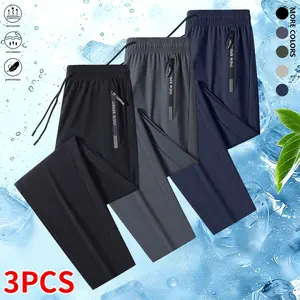 Men’s 3-Piece Ice Silk Jogger Pants Set — Elastic waistband design, straight cut with pockets, solid-color outdoor casual athletic pants, versatile style, perfect for fitness enthusiasts,summervibes