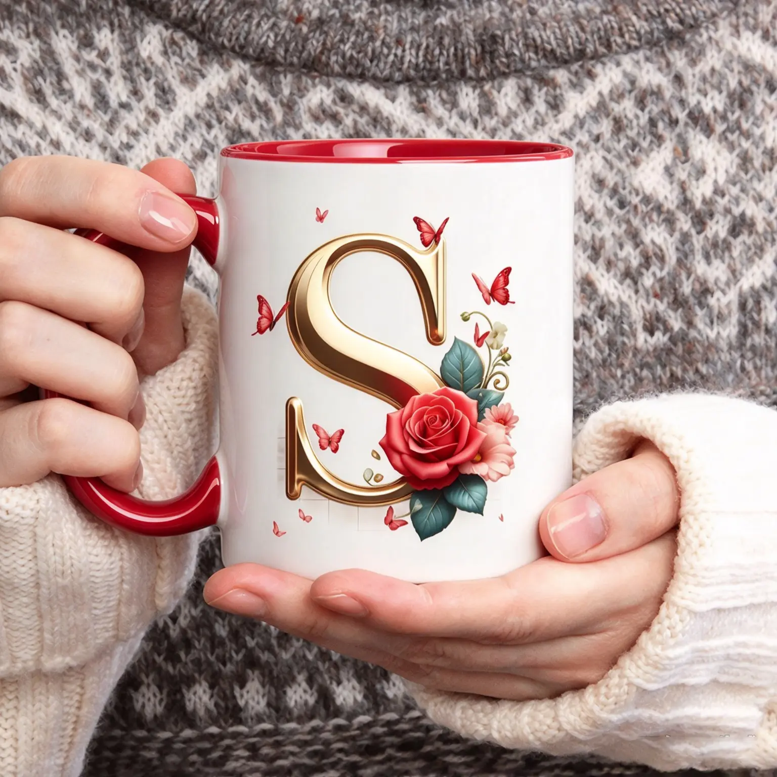 11oz Ceramic Coffee Mug - Wide Mouth, Floral Letter Motif, Decorative Initial Mugs, Steady Hold, Microwaveable, Portable Kitchen Drinkware, Ideal for Home Coffee Setup Gifting (1pc)