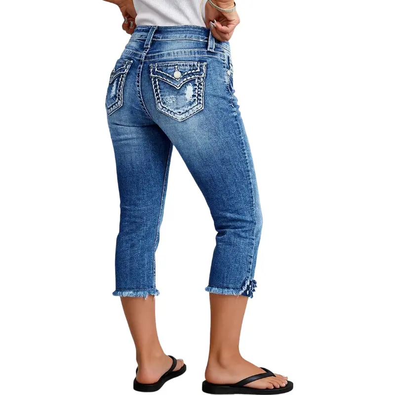 Flamingals Star Embroidery Ripped Flap Pocket Raw Hem Mid Rise Capri Skinny Jeans Womenswear Stretchy 20.1" Inseam