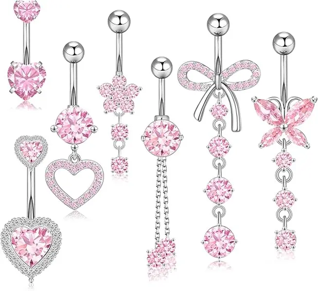 14G Belly Button Ring Dangle Belly Button Piercing Surgical Stainless Steel Belly Rings Cute CZ Heart Butterfly Flower Dangling Belly Piercing Jewelry for Women 7Pcs