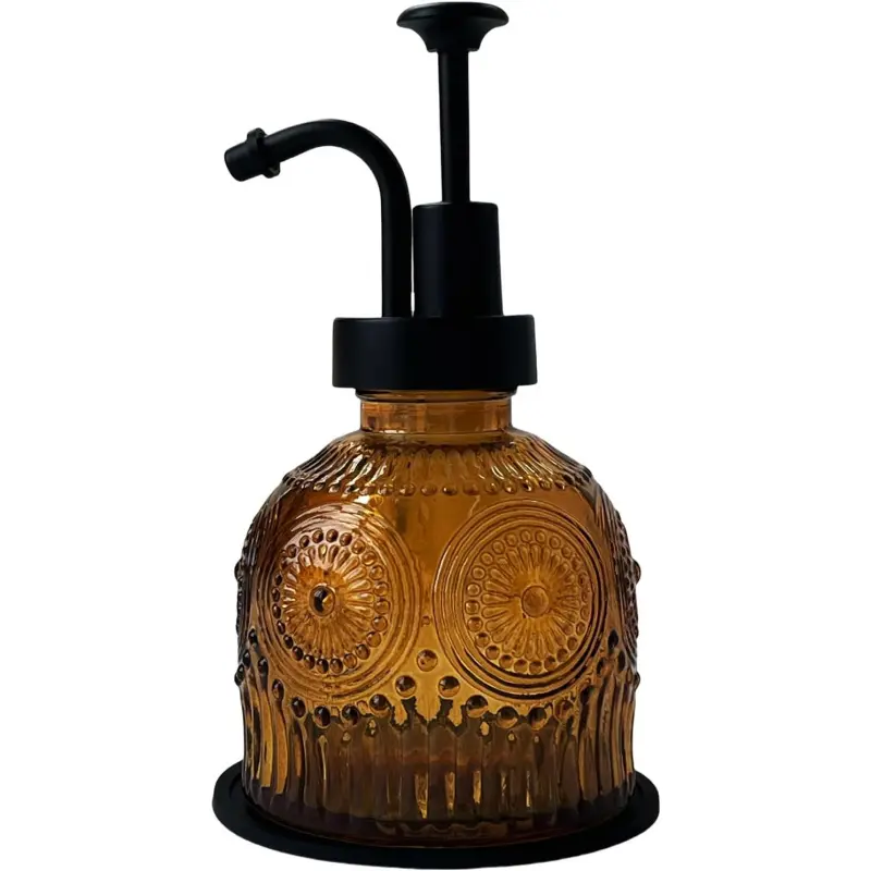 Vintage Transparent Glass Hand Soap Dispenser with Silicone Pump - Exquisite Decorative Farmhouse Antique Brown Glass Jar with Pump Bathroom Accessory Set for Bathroom, Kitchen, Glass Jar With Pump Bathroom Accessory Sets