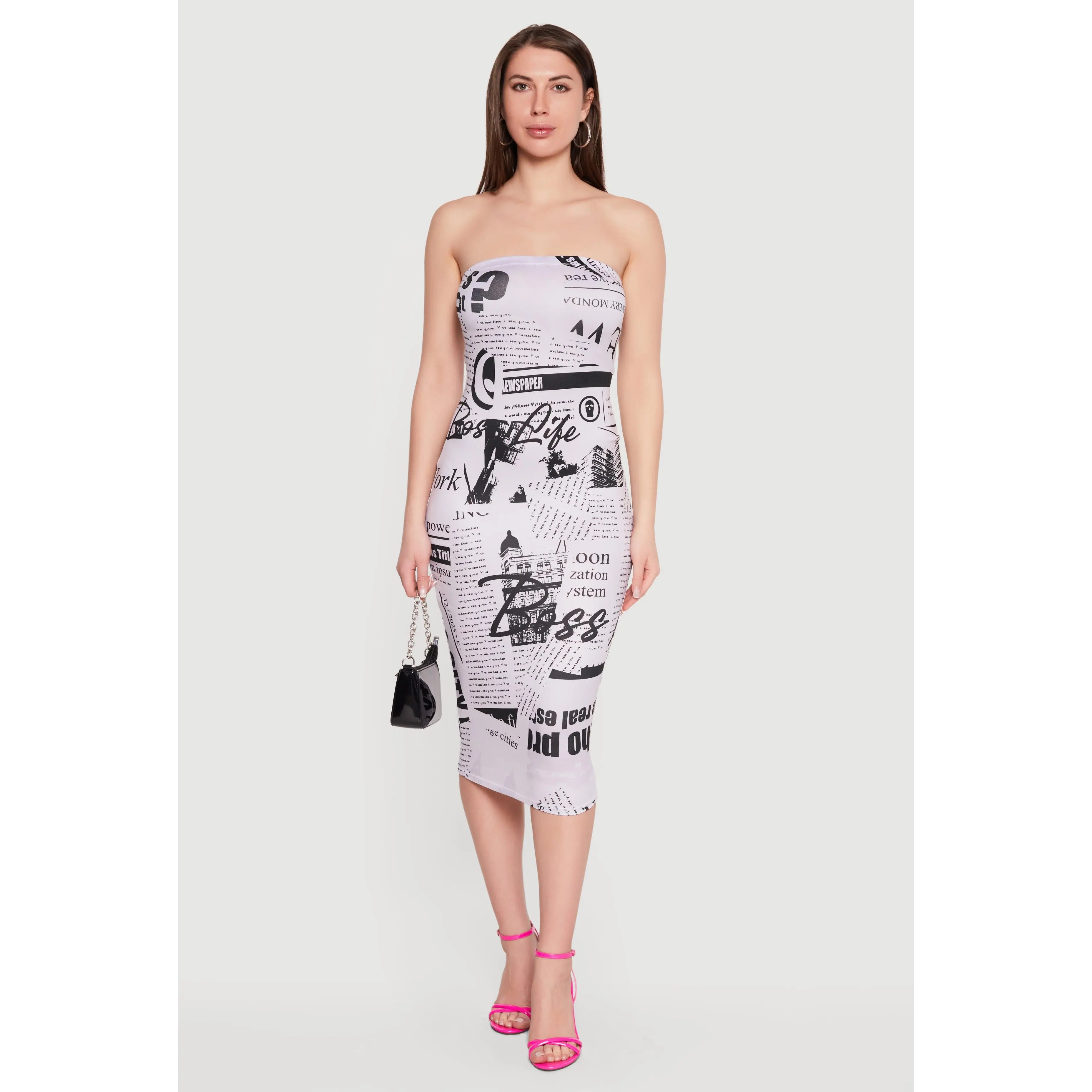 Newspaper Print Midi Tube Dress