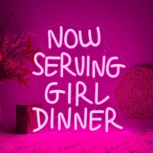 "Now serving girl dinner"Pink LED Neon Light, Home Kitchen, Restaurant, Bar Wall-Mounted Decor Neon, USB Powered, Bright and Eye-catching