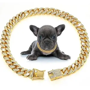 1/2Pcs Dog Chain Diamond Cuban Collar Walking Metal Chain Collar With Design Secure Buckle Pet Cat Cuban Collar Accessories