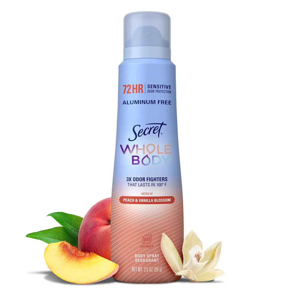 Secret Whole Body 72HR Deodorant Spray for Women, Peach & Vanilla Scent, 3.5oz