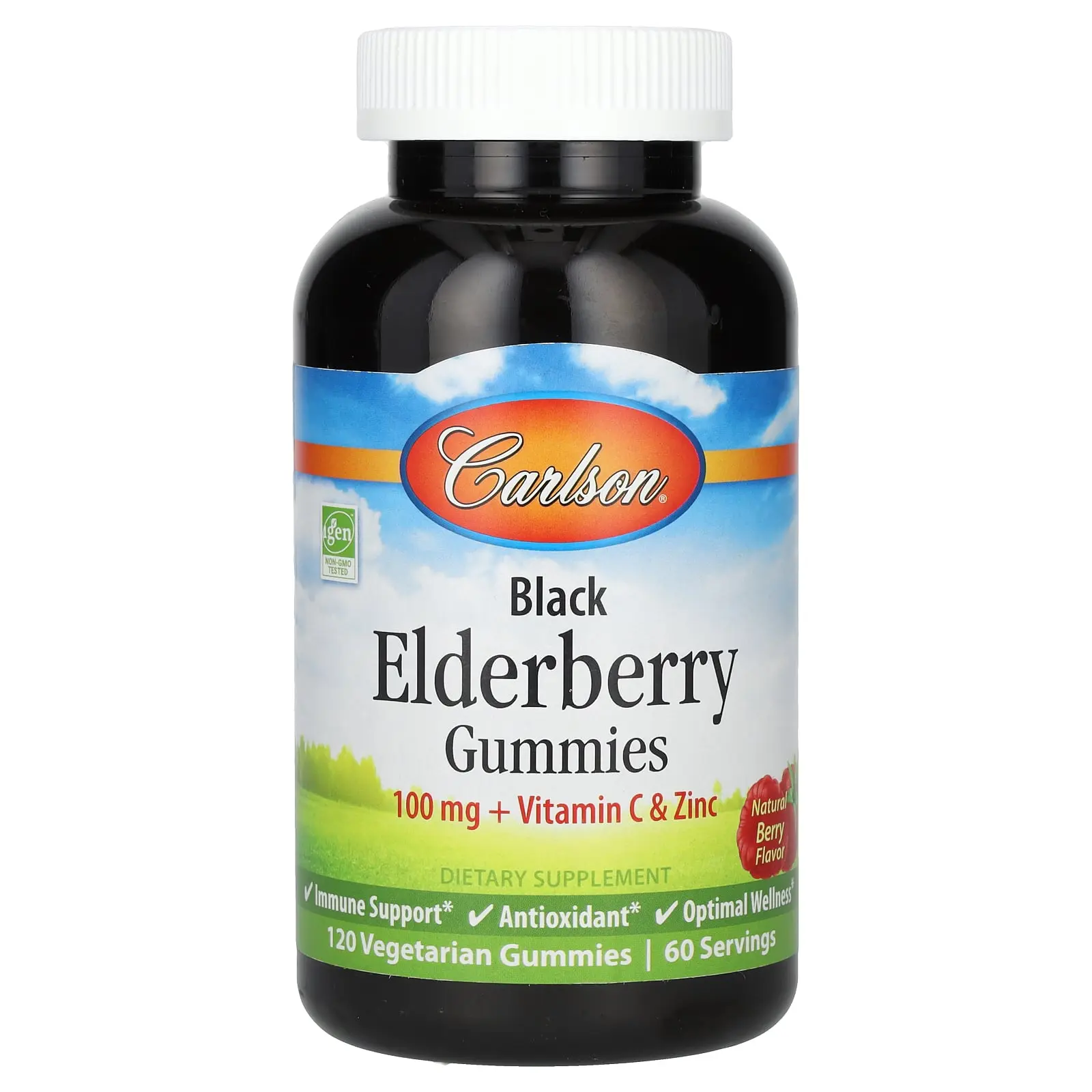 Carlson Black Elderberry Gummies + Vitamin C & Zinc, Natural Berry, 120 Vegetarian Gummies
