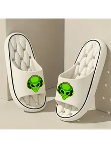 [ Product] 1 Pair of Green Alien Print Slippers with Headphones, Unisex, Thick-Soled Pillow Slippers, Men'S, Women'S Slippers, EVA Sole, Lightweight And Soft Open-Toe, Shower Shoes, Suitable for Indoor And Outdoor Beach Shoes, Casual Style