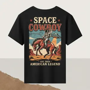 Men's Casual Classic Cotton Short-Sleeve T-Shirt - 2024 Space Cowboy Vintage Astronaut, Horse, UFO Graphic Garment, Western Desert American Legend Streetwear Sports Top Clothes