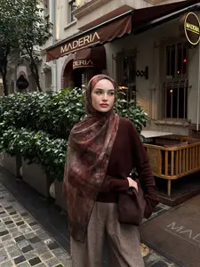Women's Elegant Printed Hijab Scarf, Breathable Long Beach Shawl, Muslim Fashion Daily Wear, Stylish Caramel Dye Balinese Silk Headscarf