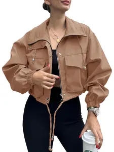 Womens Cropped Jacket Zip Up Lightweight Oversized Utility Anorak Coat with Pockets