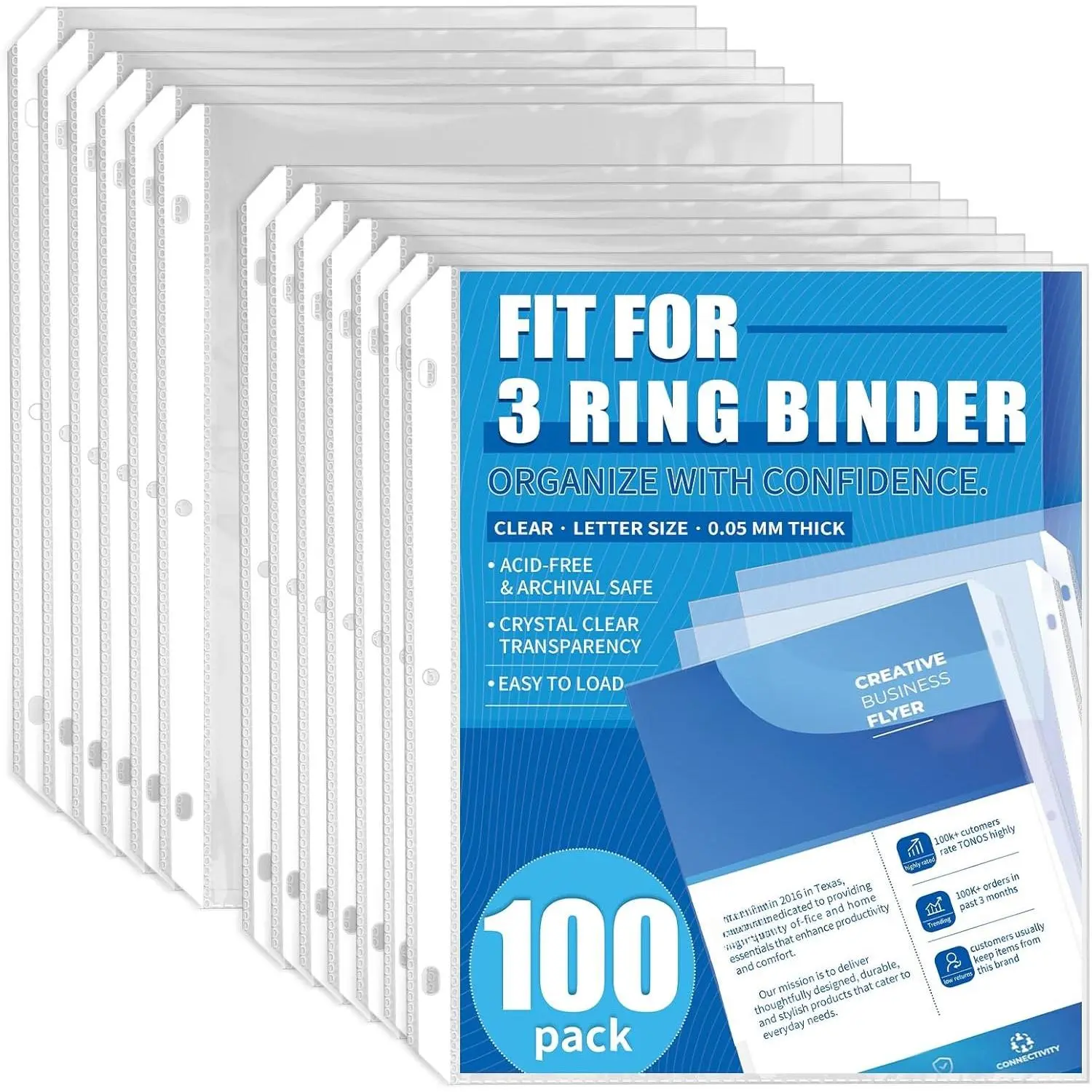 100 Pack Sheet Protectors for 3 Ring Binder - Clear Page Protectors & Plastic Sleeves for Paper 8.5x11 Inch, Binder Sleeves and Paper Protector Sheet for Document, Letter Size, Top Loading