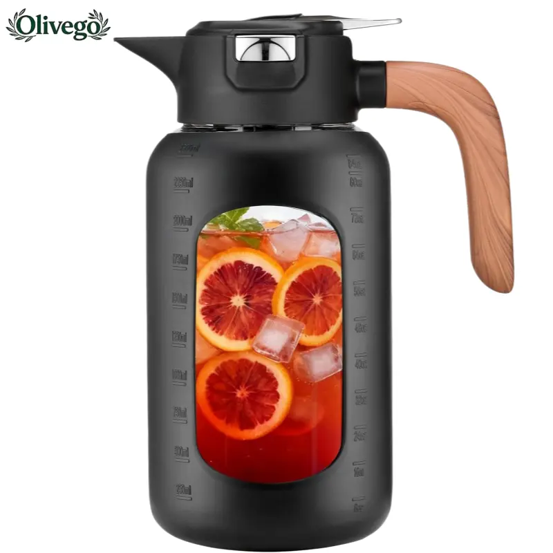 Olivego 84oz (2.5L) Borosilicate Glass Pitcher - Leakproof Press-Open Silicone Lid, Ergonomic Wooden Handle, Pour Spout - Boil-Safe Iced Tea Jug, 1 Jug for Iced Tea to Cold Brew, Kitchen Drinkware