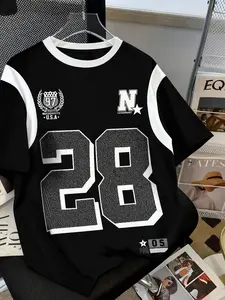 American Retro Style Short Sleeve T-Shirt, Number 28 Badge Design, Breathable Mesh Fabric, Sporty Casual Wear for Daily