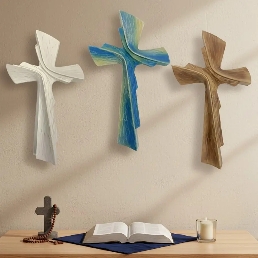 Modern Art Resin Cross Ornament, Abstract Streamline Design, Crack Texture, 3 Colors Available, Church Decor, Easter Display, Daily Faith Scene