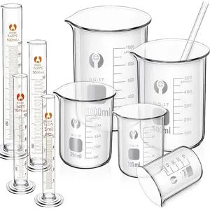 10 Pieces Glass Measuring Beaker and Graduated Measuring Cylinder with Stirring Rod 50/100/ 250/500/ 1000 ml Thick Glass Beakers and 5/10/ 50/100 ml Graduated Cylinders for Science Lab