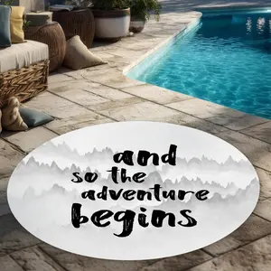 Begin Home Decor C1COAR55OBMMTW 5 x 5 ft. And So the Adventure Begins - Mountains Gray Outdoor Rug - Round, Motivational Quote
